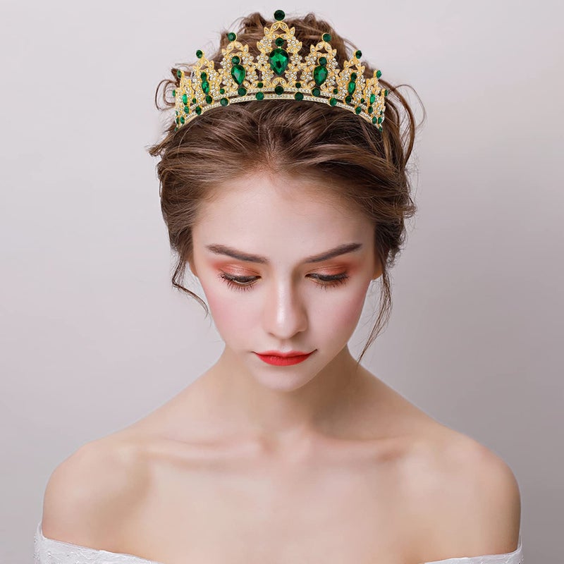 SuPoo Green Tiara and Crown for Women Gold Birthday Queen Crowns Rhinestone Princess Tiaras for Bride Quinceanera Headpieces Wedding Tiara for Birthday Party Prom Halloween - Image 2